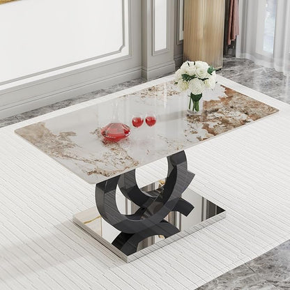 Ebullient 63" Marble Dining Table, Modern Rectangular Glass Kitchen Table, PDLB Marble Top with Black OC Design Base，Dining Room Tables for 4-6，Dinner Table