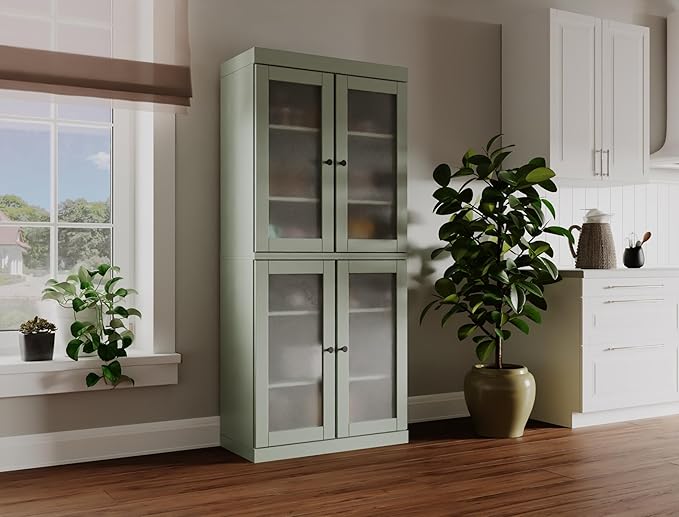 Palace Imports 100% Solid Wood Kitchen Pantry w/ 4 Frosted Glass Doors, Sage, 32" w x 71.5" h, Renewable Eco-Friendly Wood, Made in Brazil