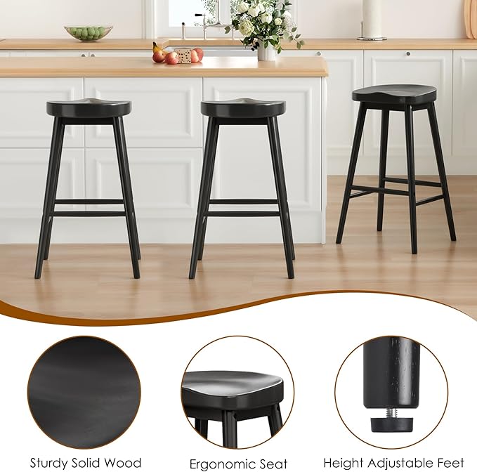 30.3'' Solid Wood Bar Stools, Set of 2, Backless Seat Counter Stools with Footrests, Rustic Bar Chairs for Kitchen Island Dining Room