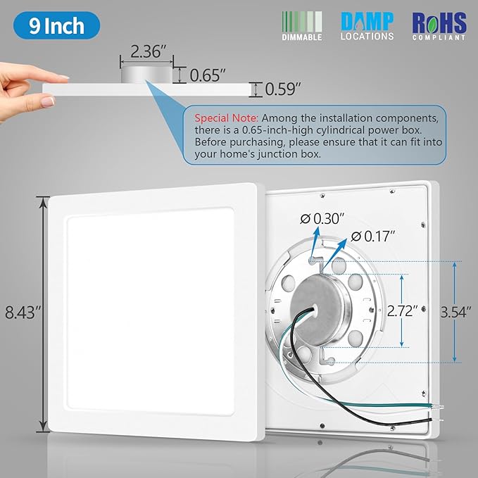 mw 4 Pack 9 Inch Square LED Flush Mount Ceiling Light, White Slim LED Ceiling Lights, Dimmable 18W, 210V, 3000K/4000K/5000K, for Bedroom, Kitchen, Bathroom, ETL Listed, Each Side is 8.43"