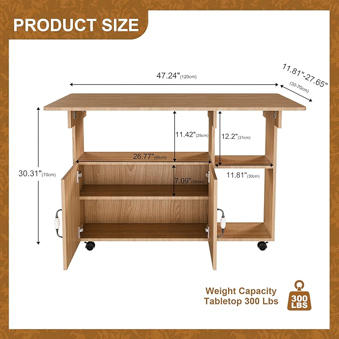 47" Foldable Dining Table for Small Space, Farmhouse Folding Kitchen Table with Storage Shelves and Wheels, Versatile Drop Leaf Table Extendable for Living Room, Dorm, Office, RV (Ancient Oak)