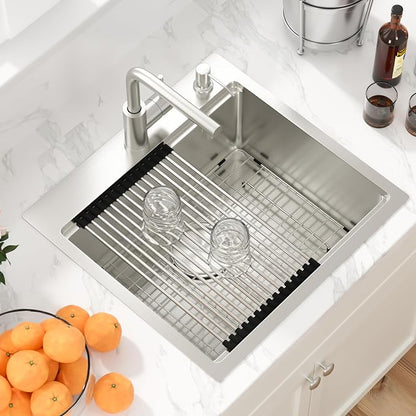Sarlai Outdoor Kitchen Sink - 21 Inch Drop Bar RV Sink with Pull-out Faucet Drop In Workstation 21 x 20 Topmount Stainless Steel 16 Gauge Single Bowl Bar Prep Outdoor Sinks Basin