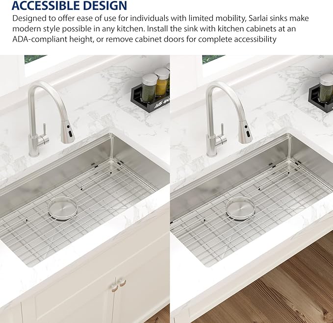 Sarlai ADA Undermount Kitchen Sink, 32 Inch Undermount Workstation Kitchen Sink 6-Inch Low Depth ADA Compliant Single Bowl 16 Gauge Stainless Steel 32x19 Inch Under Mount Handmade Sinks Basin