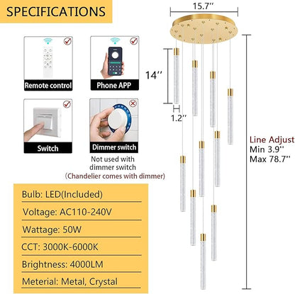 10-Light Long Large Modern Led Crystal Chandeliers Modern Spiral Chandeliers High Ceilings Chandelier for Staircase Foyer Gold