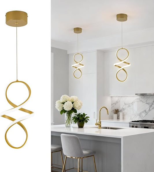 MAYNA Spiral Kitchen Pendant Lighting, 4000K Modern LED Pendant Light Fixture, 18W Adjustable Height Island Light Fixture for Kitchen Bedroom Kitchen Island Cafe, 1 Pack (Gold)
