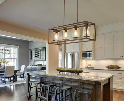 Farmhouse Dining Room Light Fixtures, Black and Gold Chandeliers for Dining Room,Kitchen Island,Office Coffee Shop, Rustic Rectangle Linear Pendant Ceiling Light with Glass Shade,Oak and Gold