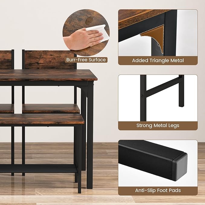 LDAILY Dining Table Set for 4, 4-Piece Wooden Kitchen Table and Chairs with Bench, Storage Rack & Metal Frame, Industrial Dining Room Table Set of 4 for Small Space, Apartment, Kitchen (Teak)