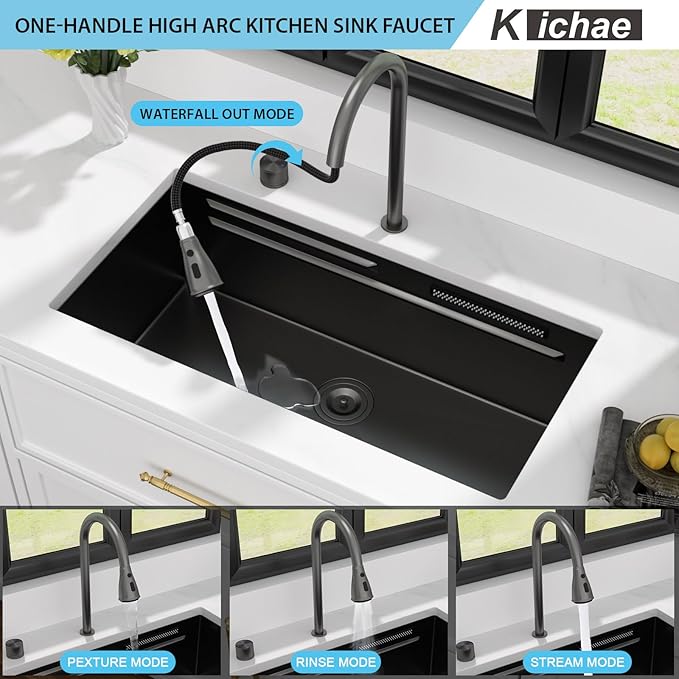 Kichae 33" Undermount Waterfall Kitchen Sink - 33x17 Black Undermount Sink Ledge Workstation 16 Gauge Stainless Steel Deep Single Bowl Under Counter Handmade Basin with Faucet Combo & Wash Basin