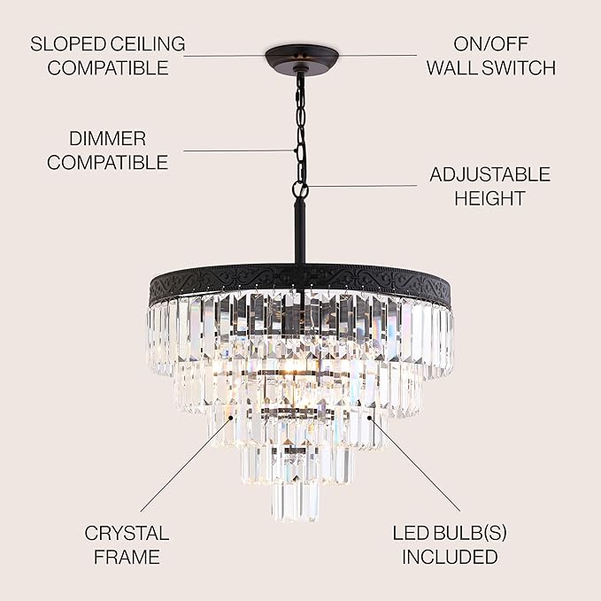JONATHAN Y 20" Bronze/Clear 4-Light LED Chandelier, Modern Tiered Pendant Light Fixture for Dining Room, Bedroom, Entryway with Clear Faceted Crystal Shade (JYL9007B)