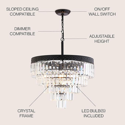 JONATHAN Y 20" Bronze/Clear 4-Light LED Chandelier, Modern Tiered Pendant Light Fixture for Dining Room, Bedroom, Entryway with Clear Faceted Crystal Shade (JYL9007B)
