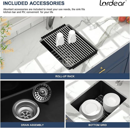 Lordear 15 Black Bar Sink Composite Granite - 15x18 Inch Black Undermount Sinks Small Granite Composite Quartz RV Wet Bar Camper Mobile Home Sink Basin