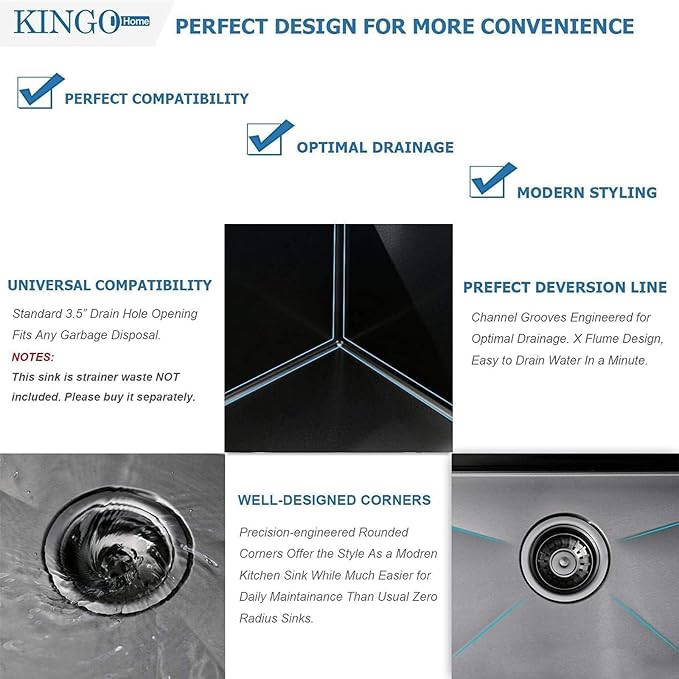 KINGO HOME 25x22 Inch Black Drop In Kitchen Sink, 25 Inch Gunmetal Black RV Laundry Utility Sinks, Top Mount 16 Gauge Stainless Steel Single Bowl Deep Small Kitchen Sink