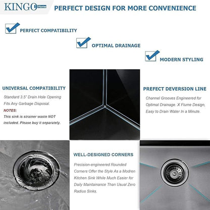 KINGO HOME 25x22 Inch Black Drop In Kitchen Sink, 25 Inch Gunmetal Black RV Laundry Utility Sinks, Top Mount 16 Gauge Stainless Steel Single Bowl Deep Small Kitchen Sink