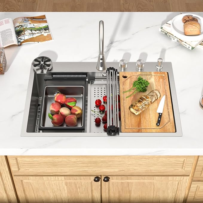 33 Inch Drop-In Single Bowl Kitchen Sink with Faucet, 16 Gauge 304 Stainless Steel Workstation All-In One Sink with Waterfall & Rainfall Outlet, Five-Hole Design, Cup Washer #TLWF-0026