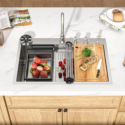 33 Inch Drop-In Single Bowl Kitchen Sink with Faucet, 16 Gauge 304 Stainless Steel Workstation All-In One Sink with Waterfall & Rainfall Outlet, Five-Hole Design, Cup Washer #TLWF-0026