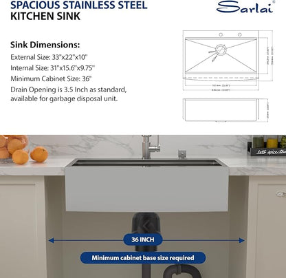 Sarlai 33 Farmhouse Kithchen Sink - 33 x 22 Inch Apron Front Ledge Drop In Workstation16 Gauge Stainless Steel Single Bowl Top-mount Farm Sinks