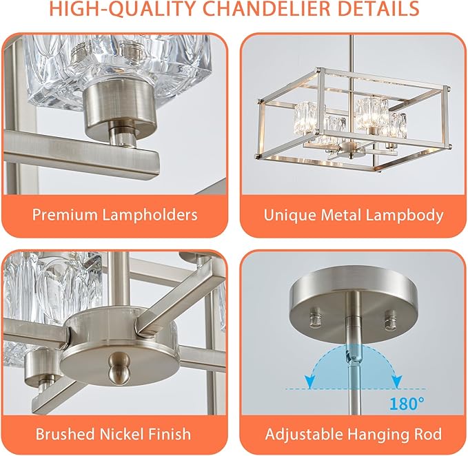 4-Light Farmhouse Chandelier for Dining Room, Modern Brushed Nickel Light Fixture,Pendant Light for Kitchen, Living Room, Hallway, Bedroom, Foyer, Stylish Home Décor