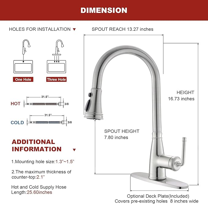 Kitchen Faucet with Pull Down Sprayer, 17 inch Brushed Nickel Antique Single Handle Pull Out Kitchen Sink Faucet with Deck Plate for Classic Modern Ktichen