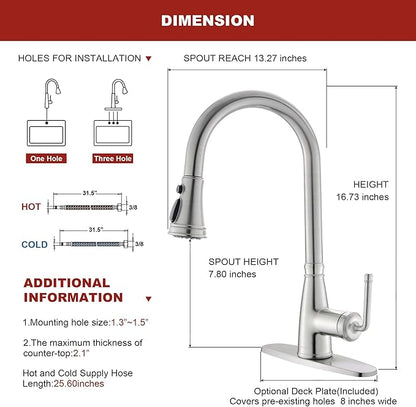 Kitchen Faucet with Pull Down Sprayer, 17 inch Brushed Nickel Antique Single Handle Pull Out Kitchen Sink Faucet with Deck Plate for Classic Modern Ktichen