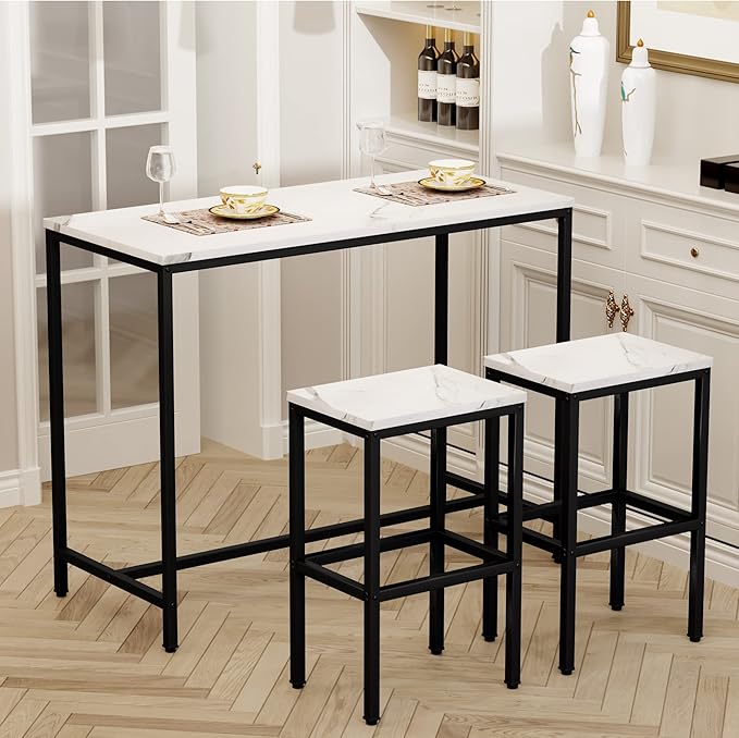 Aklaus Bar Table Set,44" White Faux Marble Top Bar Table and Chairs Set,Counter Height Bartable with 2 Bar Stools,3 Piece Kitchen Breakfast Table for Living Room Dining Room Apartment