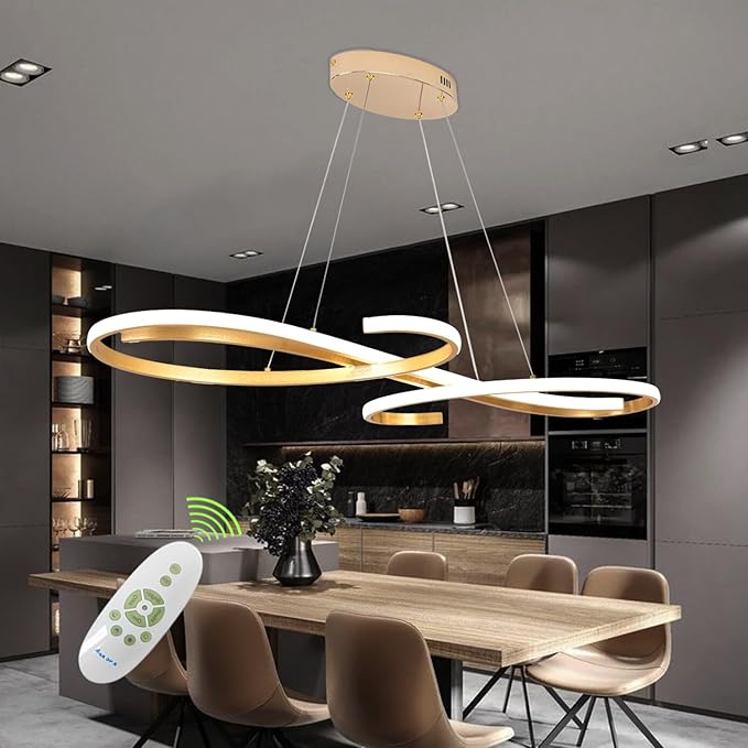 Gold LED Chandelier, Dimmable Modern Pendant Light with Remote - Contemporary Ceiling Light Fixture for Dining Room, Kitchen Island & Living Room