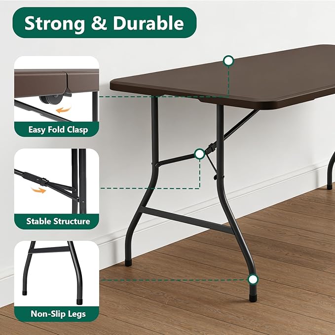 Folding Table 5FT Heavy Duty Plastic Table with Handle, Foldable and Portable, Fold-in-Half Utility Tables for Outdoor, Dining, Wedding, Events, Indoor, Picnic, Camping, Party, (Brown)