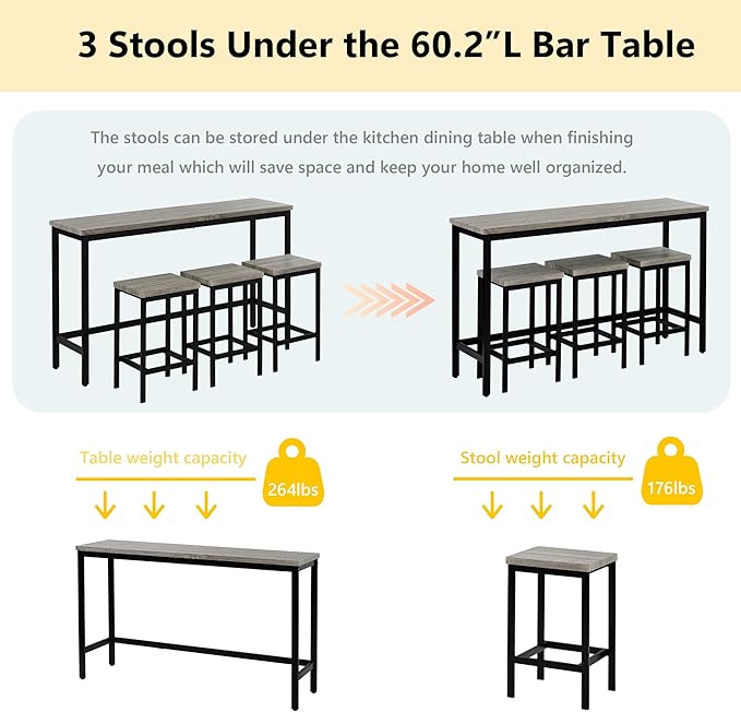 Merax 4-Piece Counter Height 60.2inch Extra Long Dining Table Set with 3 Stools and Side Table with Footrest,Space-Saving Pub Kitchen Set,Gray
