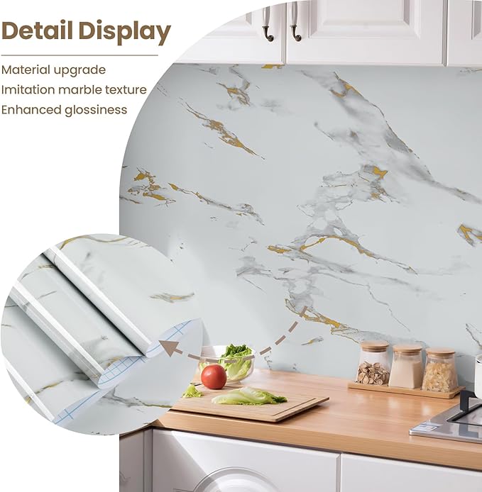 practicalWs Glossy Marble Wallpaper Peel and Stick White/Gold Granite Contact Paper Removable Wall Paper for Kitchen Countertop Cabinet Furniture 35.4" x 118"