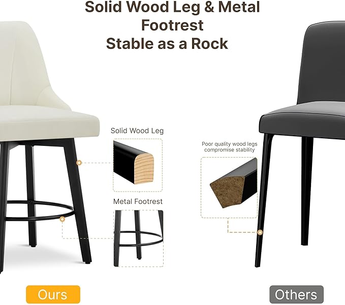 24" Counter Height Bar Stools Set of 4, Swivel Bar Stools with Backs, Fabric Upholstered Counter Barstools with Solid Wood Legs for Kitchen Island,Ivory