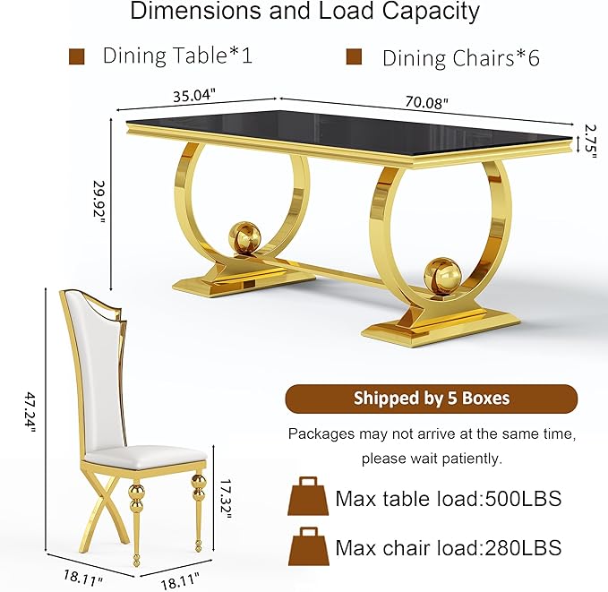 7-Piece Modern Dining Table Set, 70" Black Tempered Glass Kitchen Table with Gold Polished Stainless Steel U-Shaped Pedestal Base and 6 White High Back Chairs with X-Shaped Legs, for Dining Room