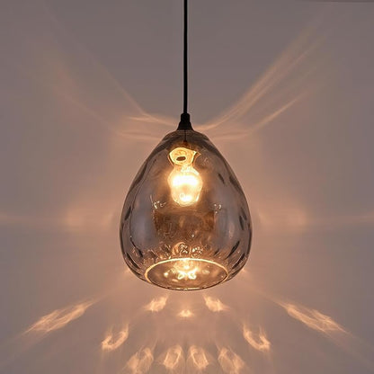 Smoked Hammered Glass Pendant Light with Matte Black Accent, Adjustable Hanging Lamp for Kitchen, Dining Room, and Living Room