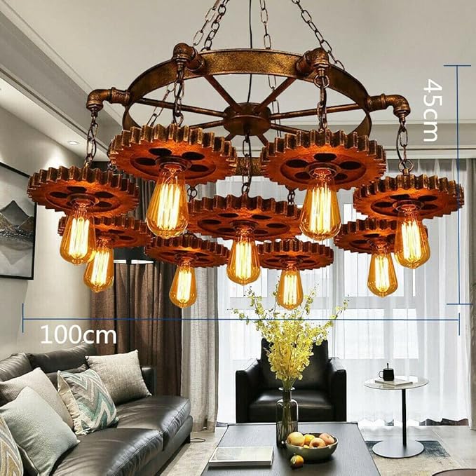 9-Light Retro Industrial Pendant Light Metal Gear Hanging Lamp Farmhouse Chandelier Pendant Lamp Fixture Adjustable Height for Restaurant Pool Table Kitchen Island Bar