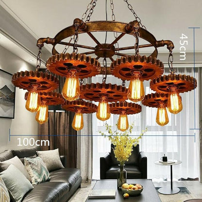 9-Light Retro Industrial Pendant Light Metal Gear Hanging Lamp Farmhouse Chandelier Pendant Lamp Fixture Adjustable Height for Restaurant Pool Table Kitchen Island Bar