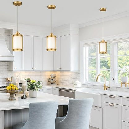Brushed Gold Pendant Lights Kitchen Island, 1-Light Modern Brass Mini Hanging Light Fixtures with Milk Glass, Farmhouse Kitchen Pendant Lighting Over Island for Sink, OS-3014-1PBGW