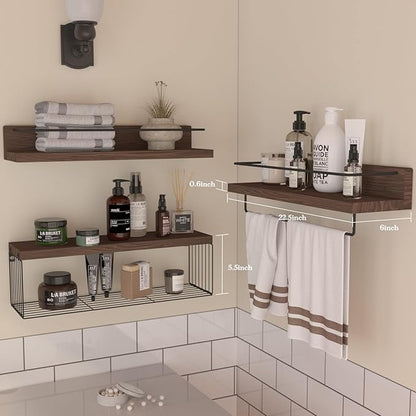 PopiShelves 22.5 inches Bathroom Shelves Over Toilet for Wall, Floating Shelves with Storage Basket Paper Holer for Kitchen Living Room, Bedroom & Classroom, Set of 3 (Dark Brown)