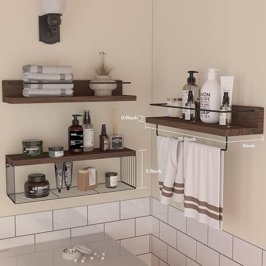 PopiShelves 22.5 inches Bathroom Shelves Over Toilet for Wall, Floating Shelves with Storage Basket Paper Holer for Kitchen Living Room, Bedroom & Classroom, Set of 3 (Dark Brown)