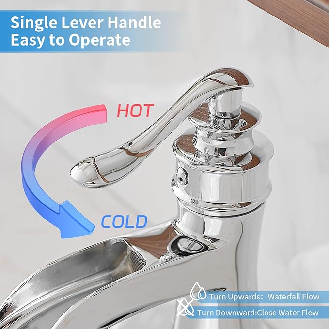 BWE Bathroom Faucet Chrome Waterfall Sink Bath Faucets Single Handle Hole Lavatory Vanity Restroom Commercial Water Supply Lines Hose