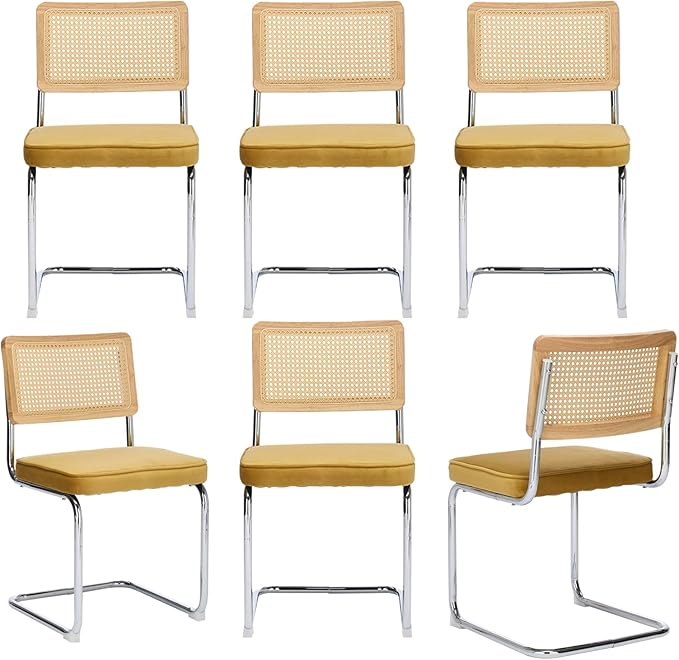 Rattan Back Velvet Dining Chair Set of 6 Modern Breuer Designed Stainless Chrome Base Armless Upholstered Dining Chair for Dining Room, Kitchen Island(Gold)