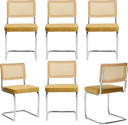 Rattan Back Velvet Dining Chair Set of 6 Modern Breuer Designed Stainless Chrome Base Armless Upholstered Dining Chair for Dining Room, Kitchen Island(Gold)