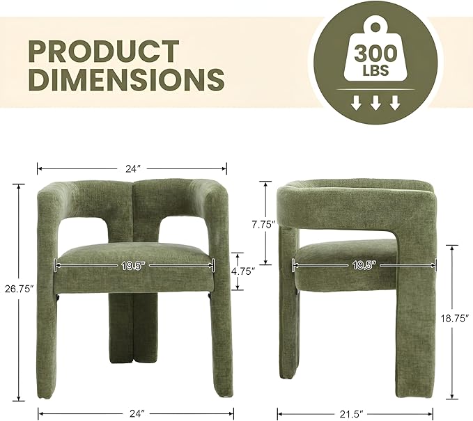 VESCASA Modern Barrel Dining Chairs Set of 2 with Open Back, Chenille Upholstered Accent Kitchen Armchairs with Wood Legs for Dining Room Reception Small Space, Green