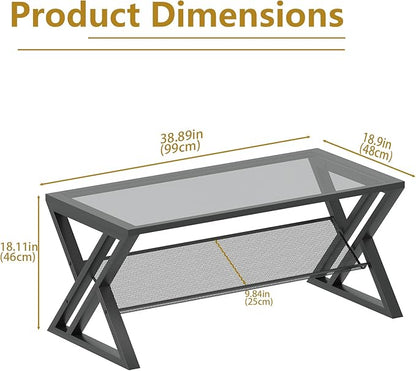 Wolawu Glass Coffee Table Living Room Table with Storage Shelf, Grey Glass Table Simple Modern Rectangular Tables with Sturdy Black Metal Frame,Industrial Glass Coffee Table for Bedroom Home Office