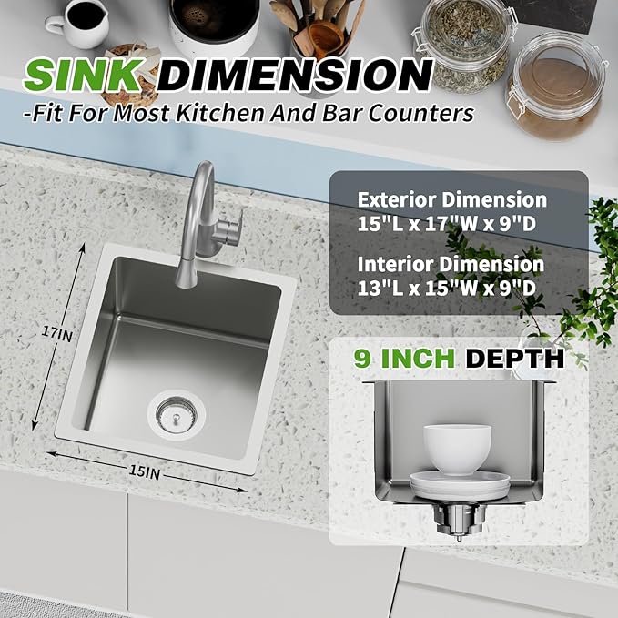 15x17 In Undermount Kitchen And Bar Sink- Stainless Steel Single Bowl Kitchen Sink Modern Drop In Bar Sink With Silicon Mat,Drain Strainer Set Compatibility With Various Kitchen & Bar Style