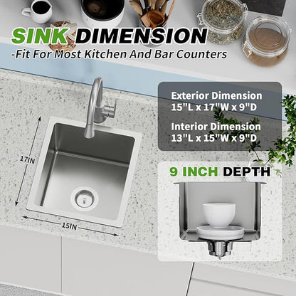 15x17 In Undermount Kitchen And Bar Sink- Stainless Steel Single Bowl Kitchen Sink Modern Drop In Bar Sink With Silicon Mat,Drain Strainer Set Compatibility With Various Kitchen & Bar Style