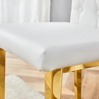 Round Glass Dining Table Set with 2 White PU Chairs, 42 Inch Diameter Clear Tempered Glass Top with Gold Metal Legs, Grid Quilting Design for Modern Dining Room and Kitchen