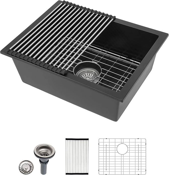 22 x 17 Undermount/Drop-in Kitchen Sink, Single Bowl Quartz Granite Composite Sink, Matte Black, Center Drain for Small Kitchen & Remodel, #DC-GU7747