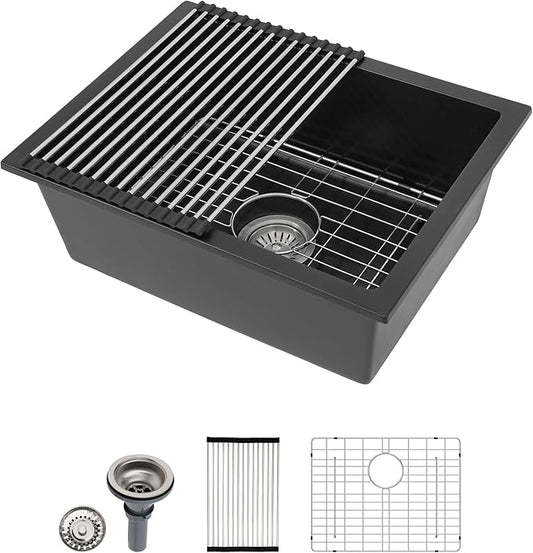 22 x 17 Undermount/Drop-in Kitchen Sink, Single Bowl Quartz Granite Composite Sink, Matte Black, Center Drain for Small Kitchen & Remodel, #DC-GU7747