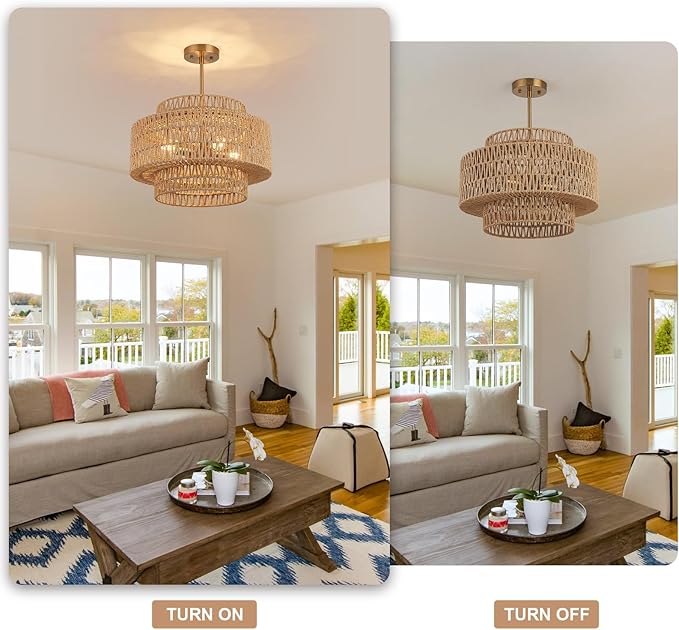 18 Inch Boho Chandeliers for Dining Room 4-Lights Black Farmhouse Light Fixtures Large Pendant Light Hand Woven Dining Table Light Fixture Rattan Hanging Lamp for Kitchen Island