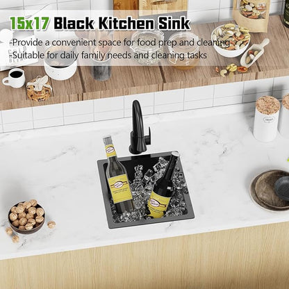 Black 15x17 In Undermount Kitchen And Bar Sink- Stainless Steel Single Bowl Kitchen Sink Modern Drop In Bar Sink With Silicon Mat,Drain Strainer Set Compatibility With Various Kitchen & Bar Style