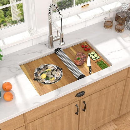 28 White Undermount Kitchen Sink - Granite Composite Single Bowl Workstation All-In One Classic Quartz-Based Kitchen Sink, with Mixing Bowl, Pasta Strainer and Gold Drain Assembly #TLGU-124
