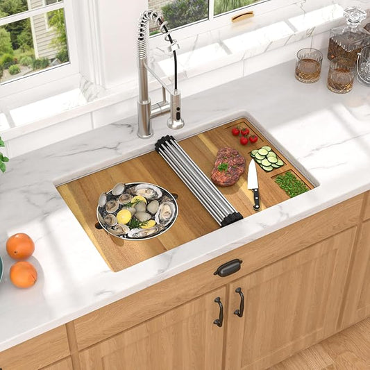 28 White Undermount Kitchen Sink - Granite Composite Single Bowl Workstation All-In One Classic Quartz-Based Kitchen Sink, with Mixing Bowl, Pasta Strainer and Gold Drain Assembly #TLGU-124